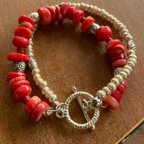 Double strand red agate & silver bracelet - Picture 1 of 1